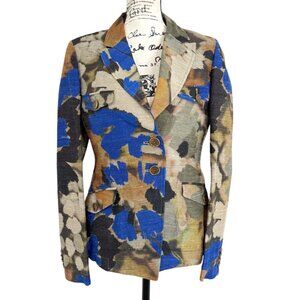 Etro Milano Womens Textured Blazer Abstract Blue Tan Silk Italy Size 42 / US 6